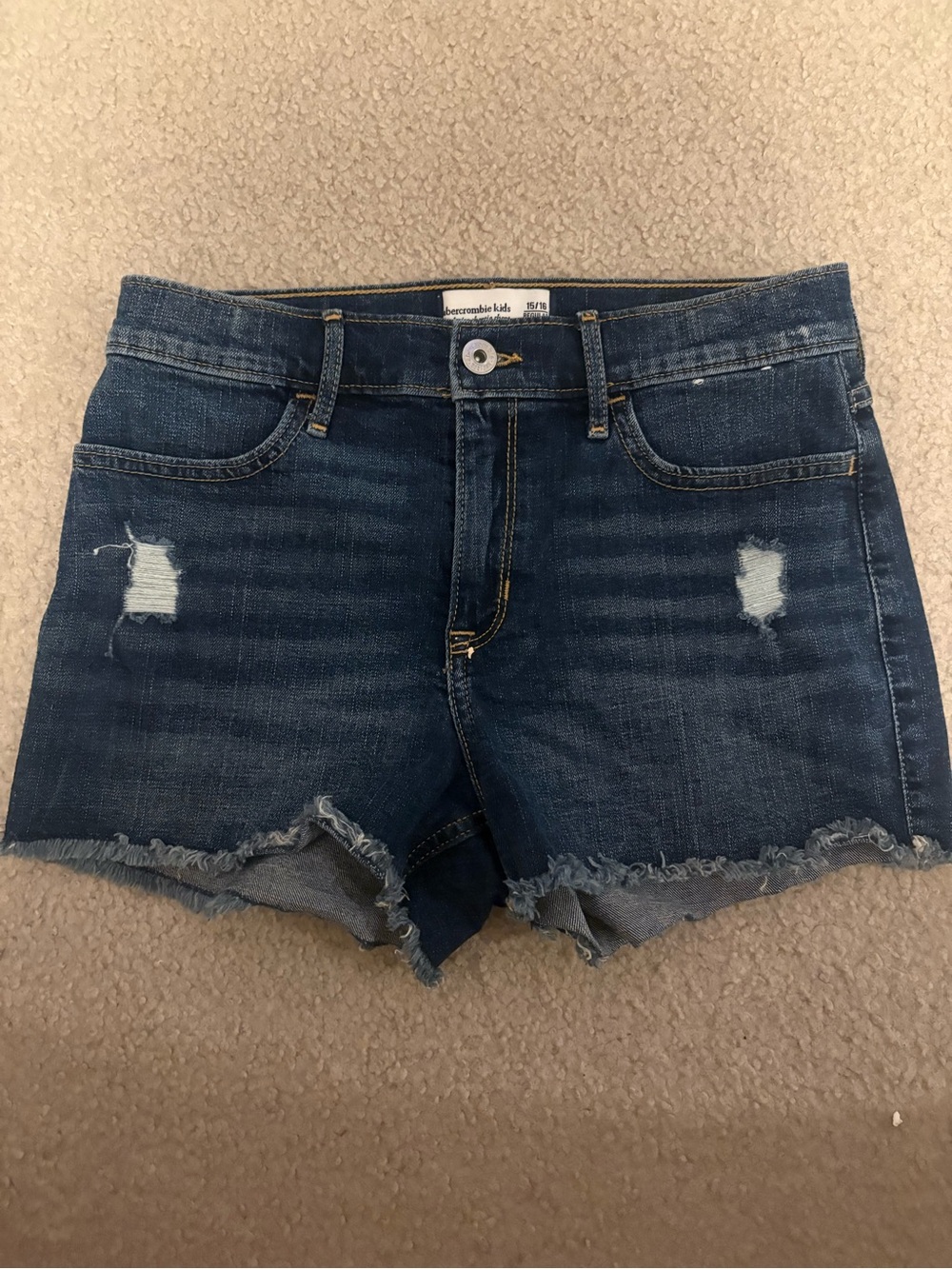 abercrombie kids dark blue distressed denim shorts